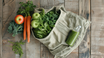 Zero Waste Market Bag with Fresh Produce and Kale Juice in Glass Bottle