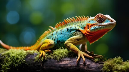 Fototapeta premium A vibrant, colorful lizard perched on a branch in its natural habitat, with detailed scales and striking colors of green, orange, and blue 