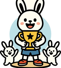 Triumphant Bunny Celebrates Victory Holding Golden Trophy With Cheering Rabbit Fans Cartoon Style