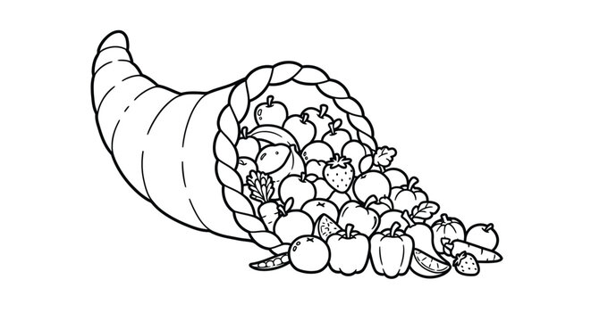black and white cornucopia overflowing with fruit clip art preview