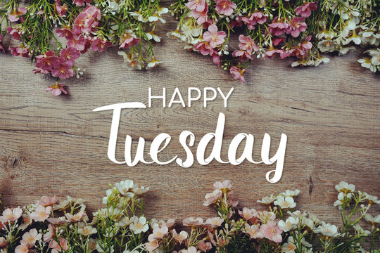 Happy Tuesday text message with flowers decoration on wooden background