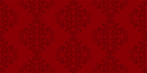 Rich seamless red ornamental pattern with symmetrical flourishes. Traditional damask vector background template for wallpaper and textile.