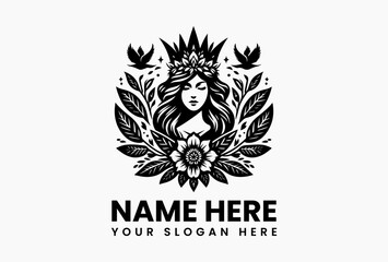 Vintage witch portrait in pointed hat surrounded by floral and leafy ornamental frame in symmetrical black and white vector logo, evoking mystery, nature, and ancient wisdom  