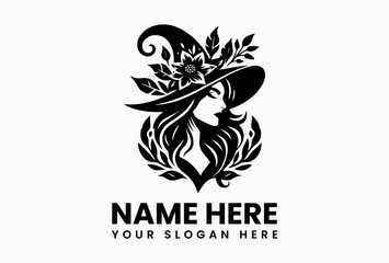Fototapeta premium Vintage witch portrait in pointed hat surrounded by floral and leafy ornamental frame in symmetrical black and white vector logo, evoking mystery, nature, and ancient wisdom 