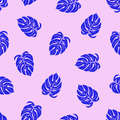 Monstera leaf, seamless pattern. Exotic tropical plant leaves, foliage in bright colors. Texture, endless background for summer fashion fabric, textile, wrapping design. Flat vector illustration