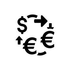 Black Icon of Currency Exchange with Dollar and Euro Signs and Arrows