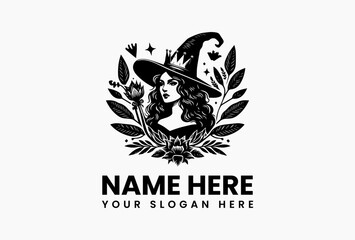 Minimalist black and white witch wearing a hat surrounded by symmetrical floral leaves in elegant line-art vector logo design, symbolizing magic, elegance, and feminine mystique  