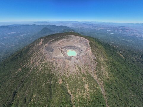 Aerial view of Santa Ana Volcano with vibrant crater lake.