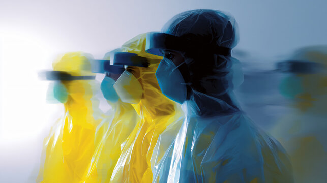 People wearing away personal protective equipment against a transparent backcloth