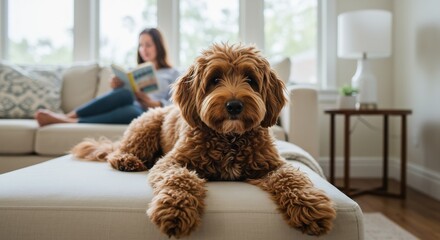 Obraz na płótnie Canvas Adorable Golden Doodle Dog Relaxing on a Couch with a Woman Reading in the Background, Cozy Home Interior