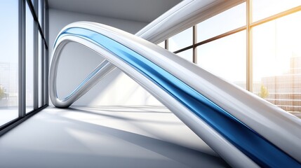 Obraz premium Modern interior with large abstract curving structure featuring white exterior and blue stripe, city view through windows