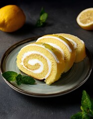 slice of lemon roll cake on a plate