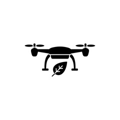 Minimal Black Filled Icon of Drone with Leaf