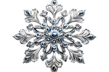Ornate silver snowflake with blue gems, isolated, cut out transparent