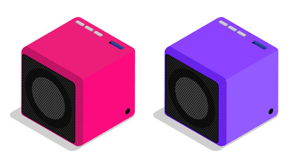 Obraz premium Isometric removable cube speaker. Small portable device musical speaker. Isometric aerial view vector isolated on a white background view