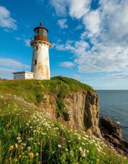 Old Lighthouse on Flowered Cliff &ndash; Peaceful Coastal Daytime Scene