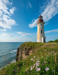 Old Lighthouse on Flowered Cliff &ndash; Peaceful Coastal Daytime Scene