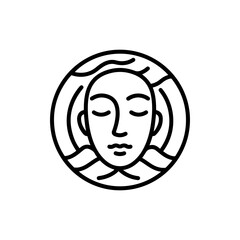 Peaceful Face Inside Circle Surrounded by Waves - Minimal Black Design