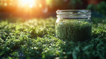 Small Glass Jar of Fresh Dill on Kitchen Countertop