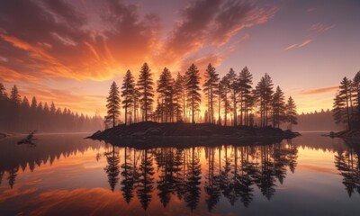 Fototapeta premium Tranquil lake reflecting majestic sunset, towering pines silhouette against fiery sky, tranquil, hill, dark