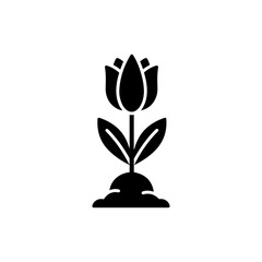 Tulip Icon with Two Leaves and Bulb Shape - Black Silhouette