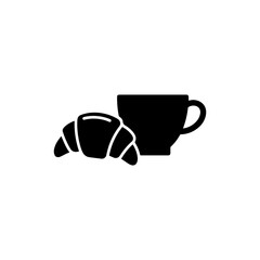 Black Icon of Croissant and Tea Cup Representing Breakfast Concept