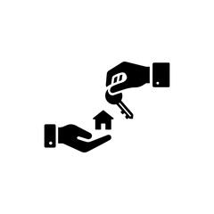 Black Filled Icon of Agent Hand Passing Key to Buyer, Real Estate Symbol