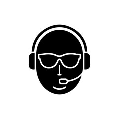 Black Filled Icon of Face with Sunglasses and Headset, Cool Vibe Symbol