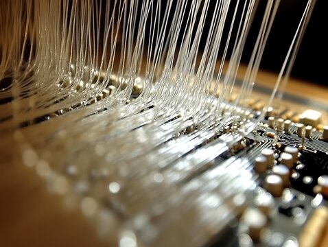 Close-up of many transparent optical fibers attached to a circuit board.  The fibers run vertically, and the board has dark components