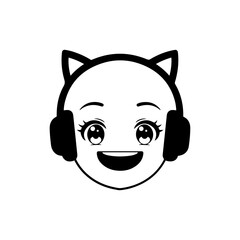 Black Filled Icon of Smiling Face with Headphones and Cat Ears