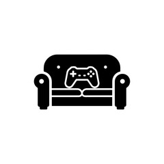 Black Filled Icon of Couch with Controller, Representing Casual Streaming