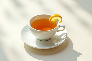 a modern tea setup with a single warm tea cup and a thin lemon slice on the rim, light background, minimal accessories, professional layout with clean space