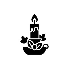 Candle on Holder with Autumn Leaves Icon, Black Filled Seasonal Decor Symbol