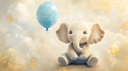 A gentle elephant with a sky blue balloon amongst fluffy clouds.