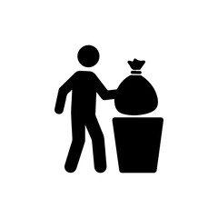 Black Filled Icon of Man Lifting Trash Bag into Large Bin