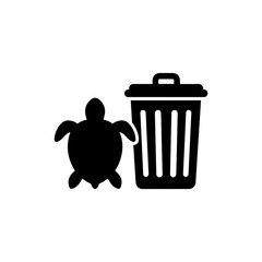 Black Icon of Sea Turtle Next to Properly Sealed Trash Can for Environmental Awareness