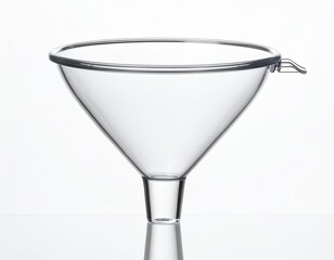Transparent, glass cone-shaped laboratory tool. It's used for transferring liquids without spillage. Shows a round opening and a narrowing stem