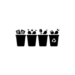 Black Icon Showing Trash Classification with Four Separate Bins in Line for Recycling