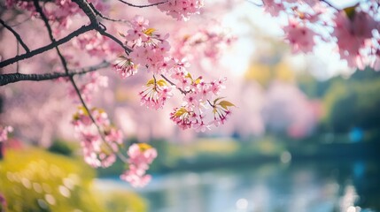 Sakura blossoms against the background of a park in spring