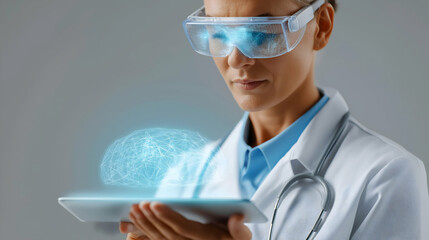 A doctor uses augmented reality glasses to study a 3D holographic brain model projected from a tablet.