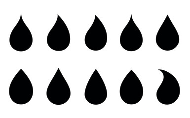 Black water drops, liquid elements set, silhouettes oil rain drips