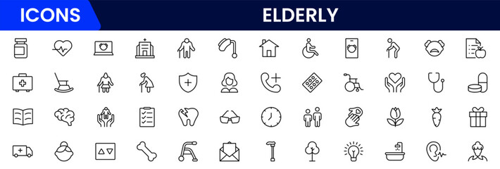Elderly icon set. elderly care, pension, vision loss, and more. line icon style. old age element vector illustration