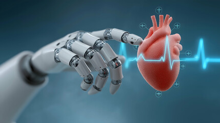 A robotic hand touches a human heart with a heartbeat waveform, symbolizing the fusion of technology and healthcare.