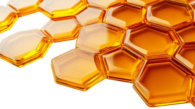 Shiny honeycomb structure with orange fill on black, cut out transparent