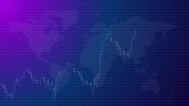 Market uptrend candlestick stock price up upward rising rally increase world map global digital trading stock market screen blue futuristic digital