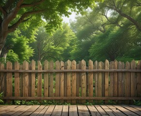 Fototapeta premium Rustic wooden fence with vibrant poster, lush green park backdrop, branding, advertising