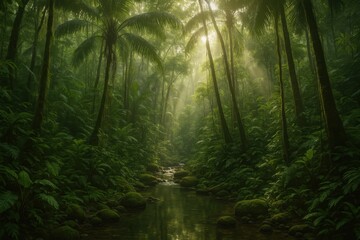 Obraz premium Lush Tropical Forest with Sunlight Filtering Through Dense Canopy