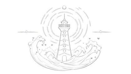 Fototapeta premium Lighthouse surrounded by waves in minimalistic style 