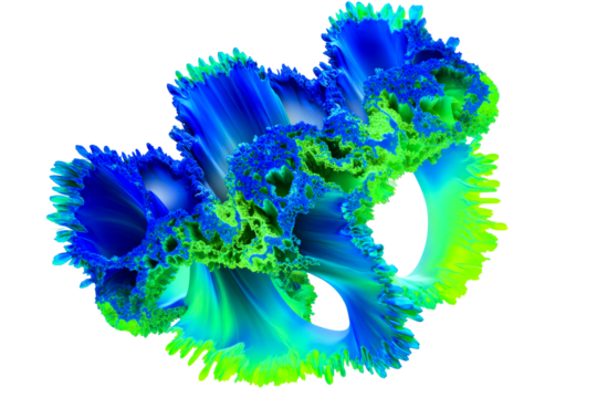 Complex Fractal Shape in Blue and Green on Black, cut out transparent