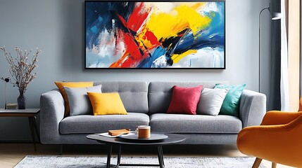 Vibrant abstract art displayed in a modern living room.
